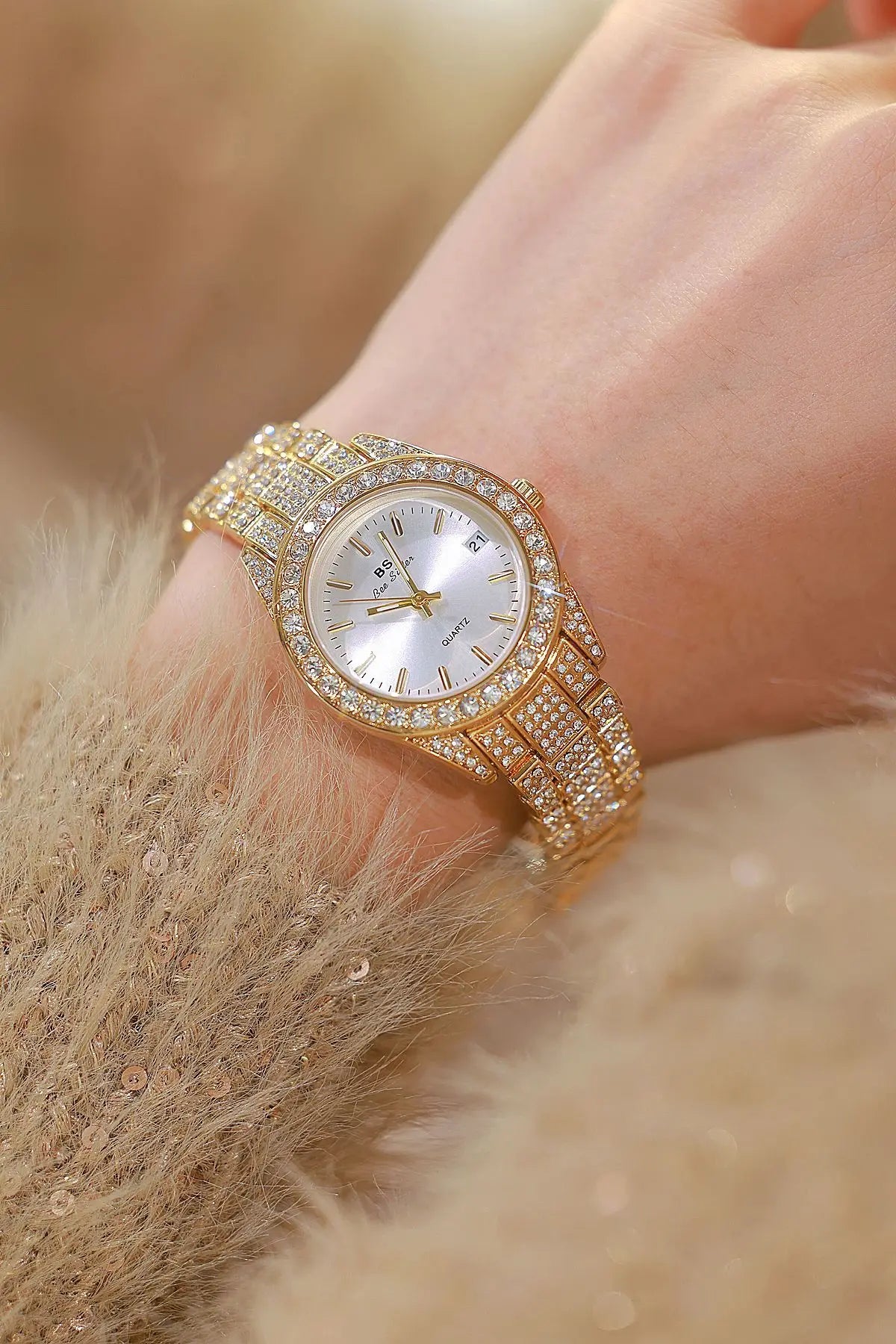 Luxury Crystal Silver Gold Quartz Watches with Calendar for Women