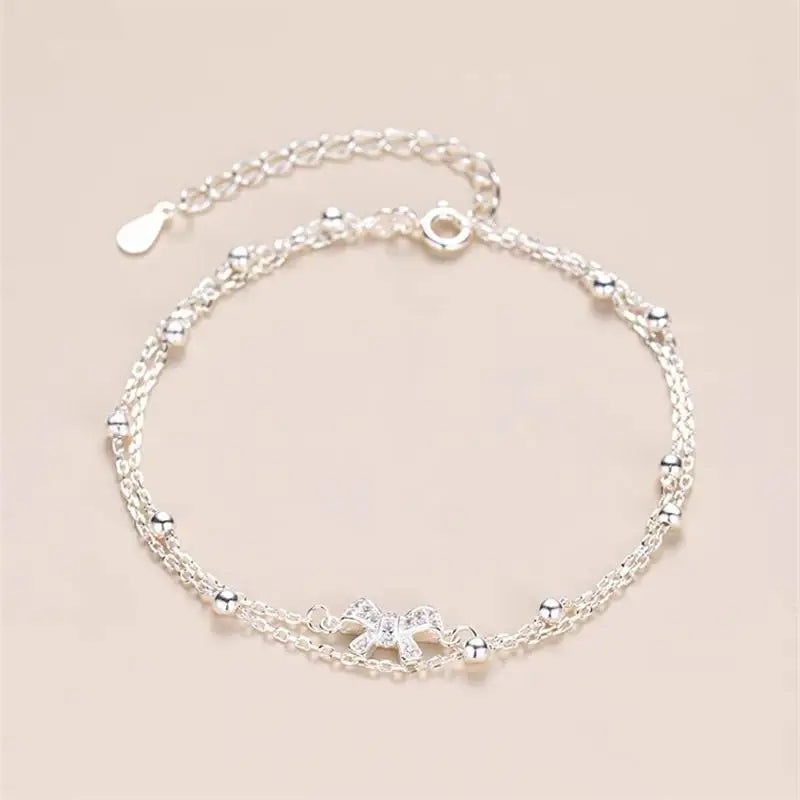 Silver Double-Layer Layered Zircon Bow Tie Charm Bracelet for Women