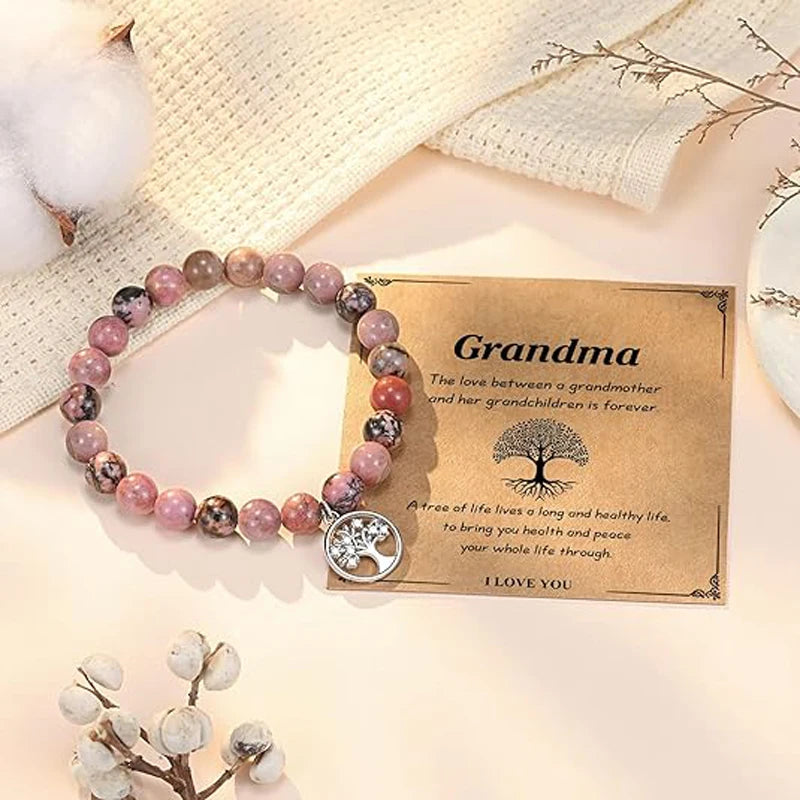 "Grandma" Natural Bead Stone Bracelet with Tree of Life Charm for Women