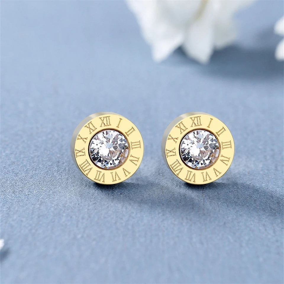 Roman Numerals Detail Rhinestone Stud Earrings for Women