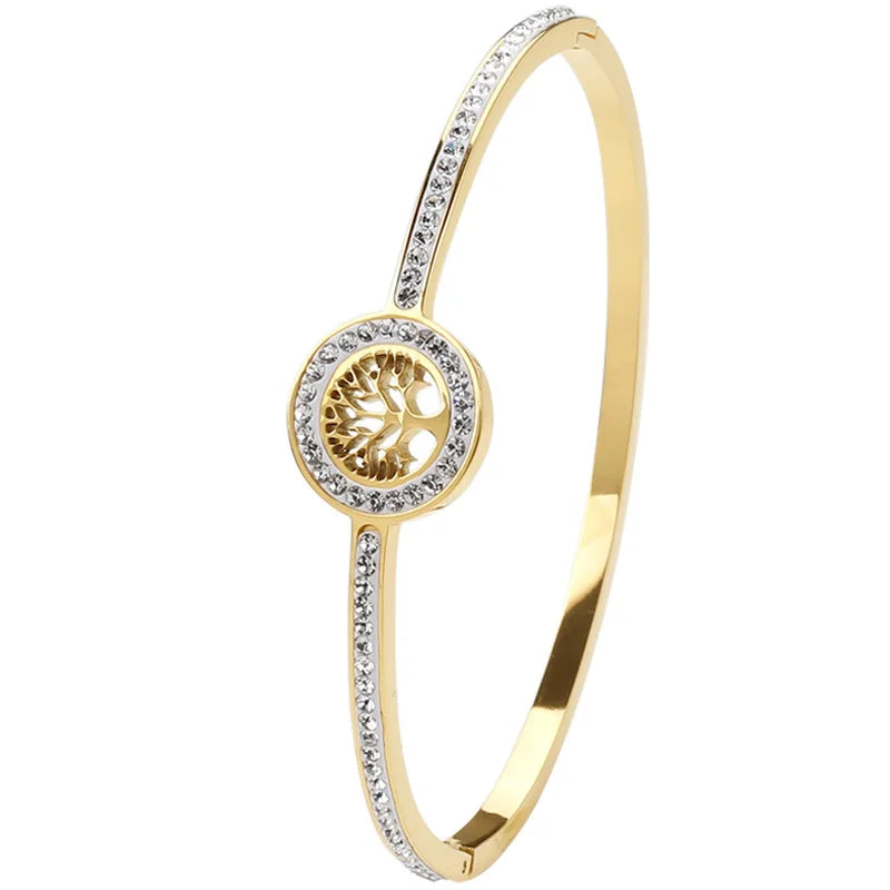 18K Gold-Plated Diamond Tree Of Life Charm Bangle Bracelet for Women