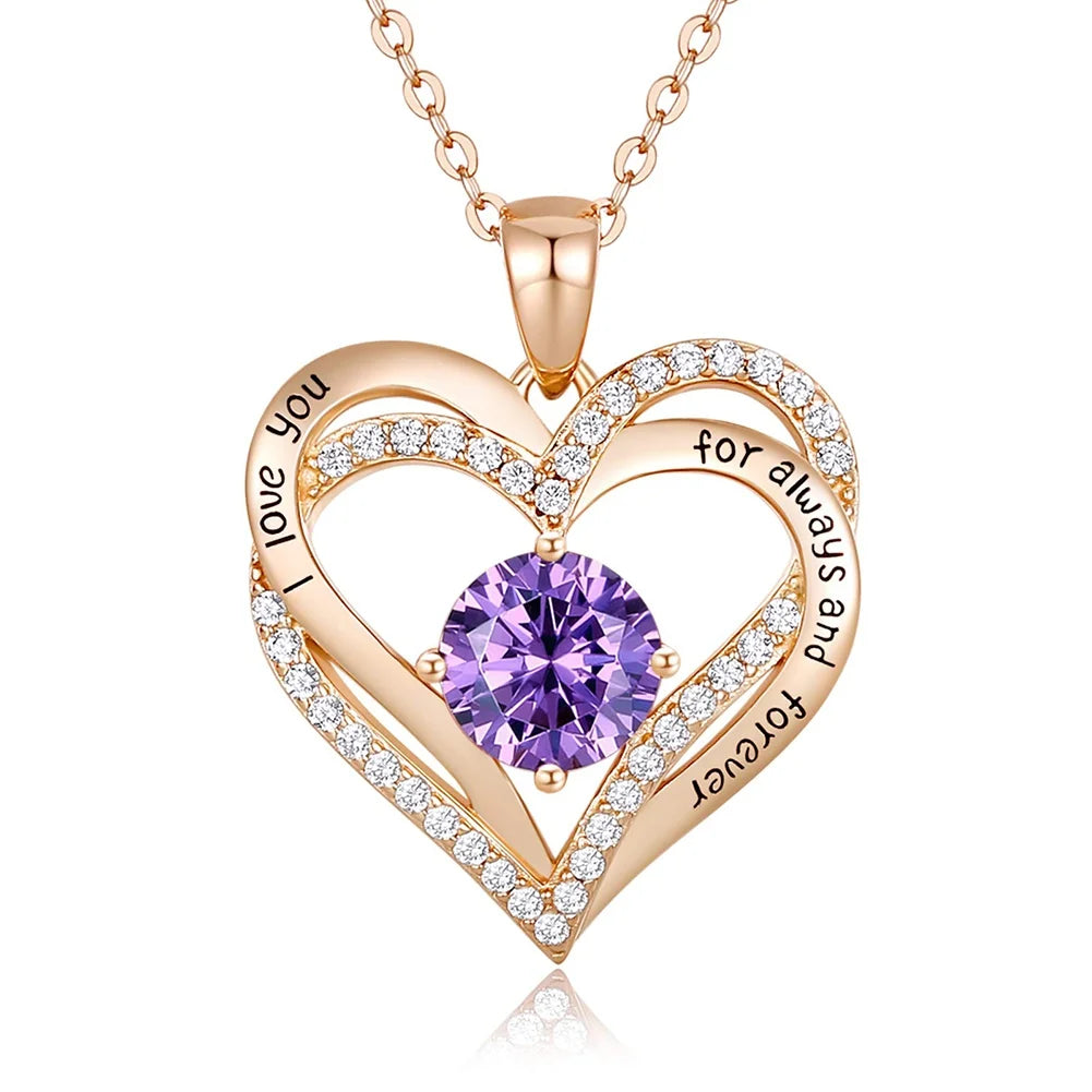 Rose Gold Pendant Necklaces for Women, Heart Crystal Diamond I Love You Always and Forever Necklace for Girlfriend Mother Daughter Wife Gift