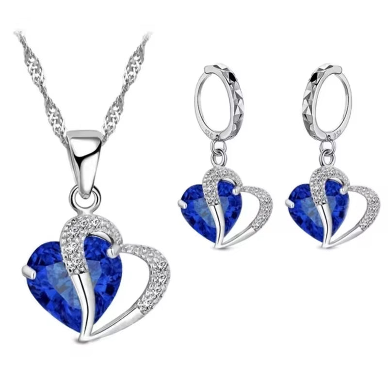 Luxury Women 925 Sterling Silver Cubic Zircon Necklace Pendant Earrings Sets Cartilage Piercing Jewelry Wedding Heart Design