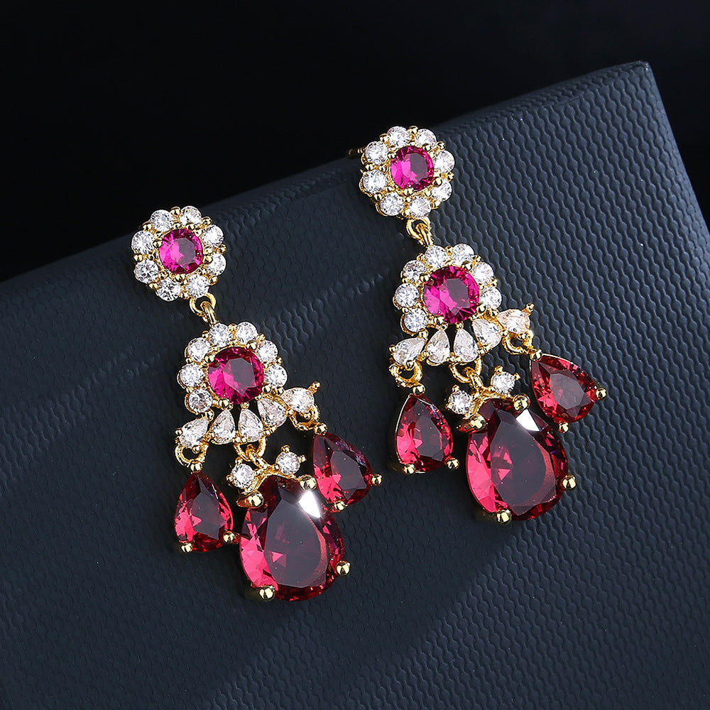 Silver Red and White Zircon Diamond Dangle Earrings for Women