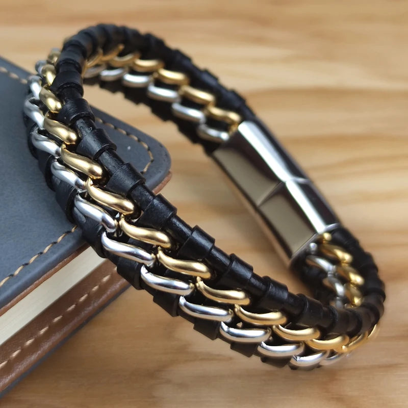 Genuine Leather Woven Silver/Gold Plated Magnetic Chain Bracelet for Men