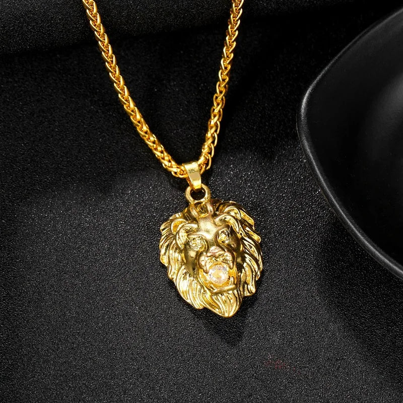 Lion Head with Crystal Stone Pendant Necklace for Men
