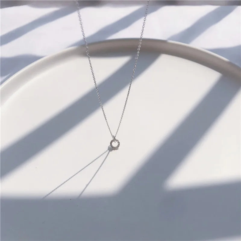 Silver Zircon Double Circle Pendant Necklace for Women