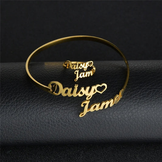 Custom Personalized Double Name Silver/Gold Plated Stainless Steel Adjustable Bracelet and Ring Sets (also sold separately)