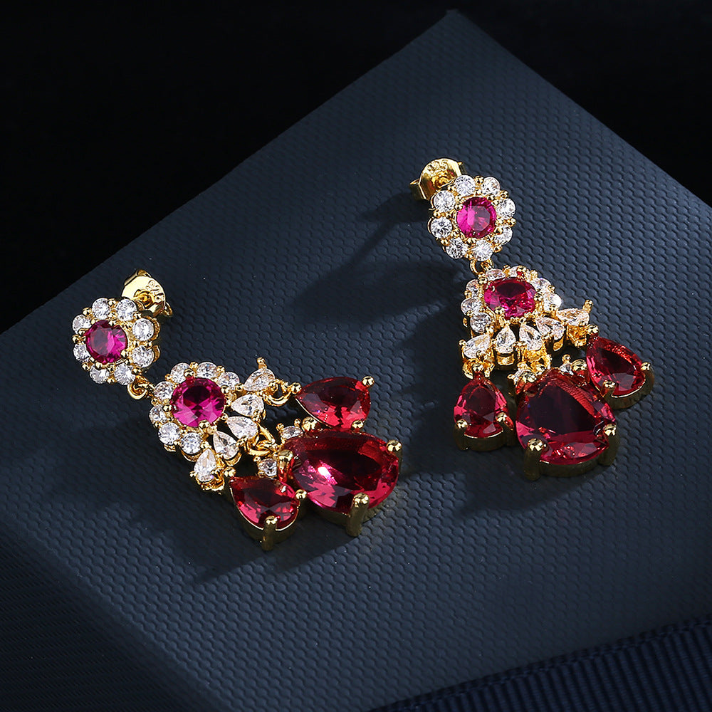 Silver Red and White Zircon Diamond Dangle Earrings for Women