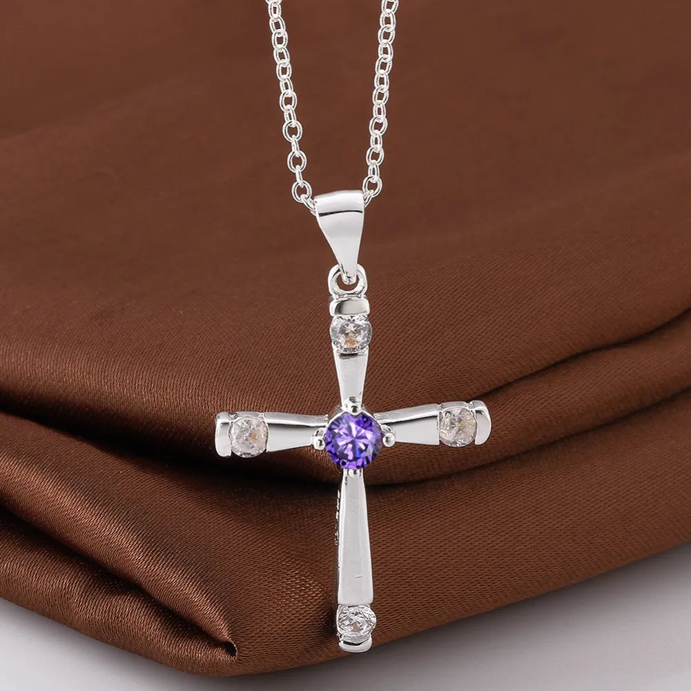 Silver Cross with Purple Center Diamond Stone Pendant Necklace for Women