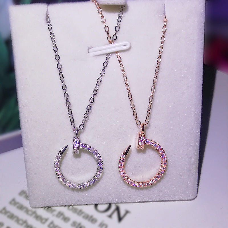 Silver or Rose Gold Inlaid Zircon Diamond Curved Open Circle Pendant Necklace for Women