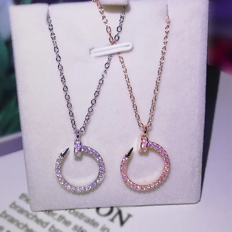 Silver or Rose Gold Inlaid Zircon Diamond Curved Open Circle Pendant Necklace for Women