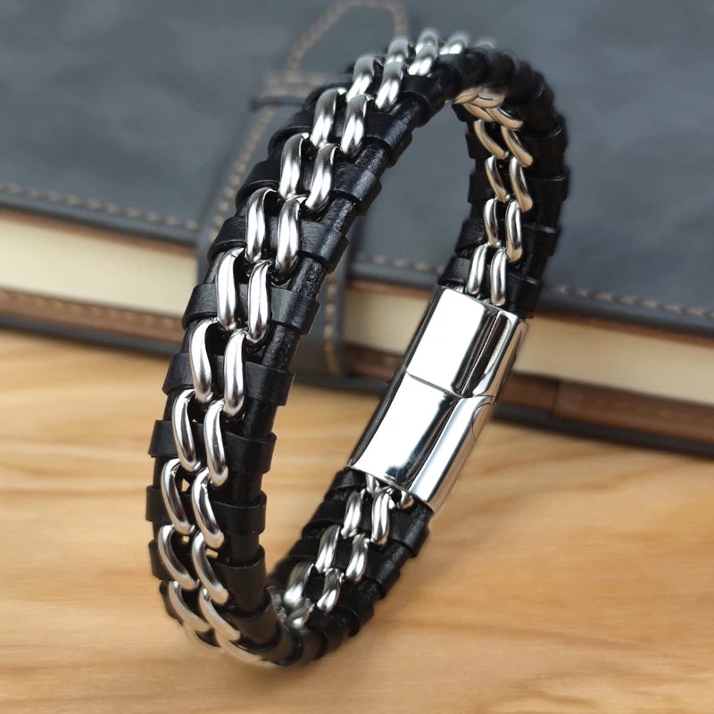 Genuine Leather Woven Silver/Gold Plated Magnetic Chain Bracelet for Men