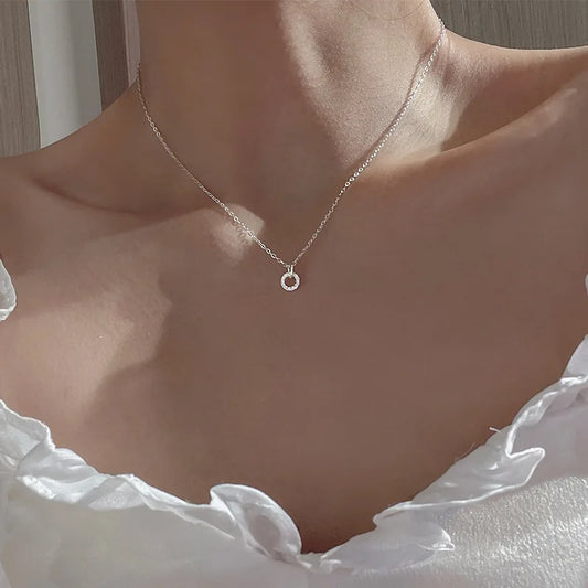 Silver Zircon Double Circle Pendant Necklace for Women