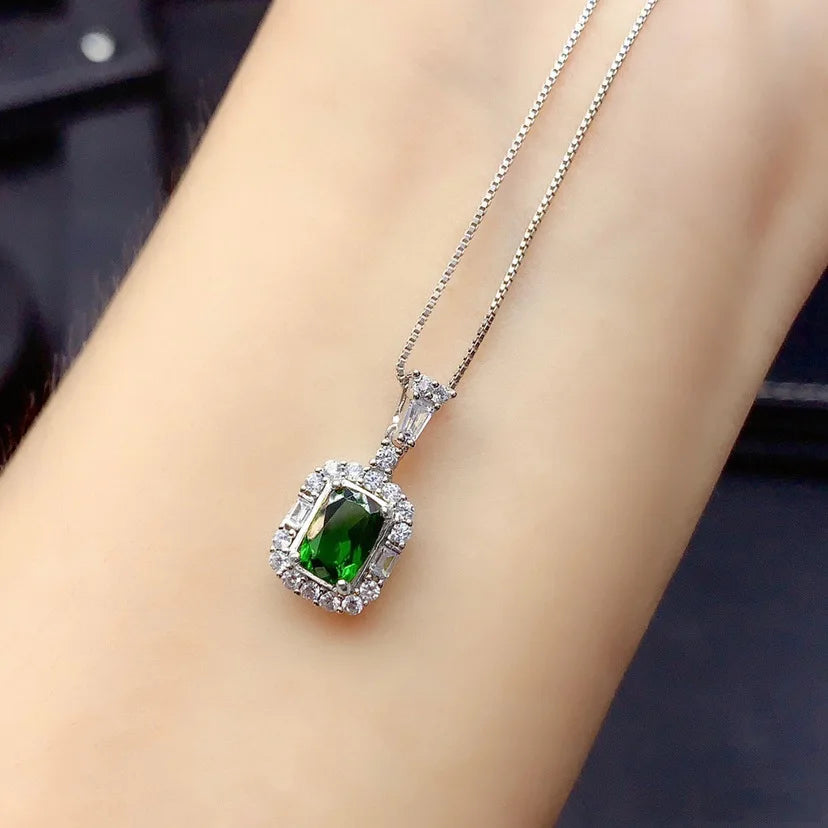 Silver Emerald Diamond Pendant Necklace for Women