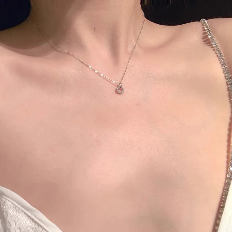 Silver Zircon Double Circle Pendant Necklace for Women
