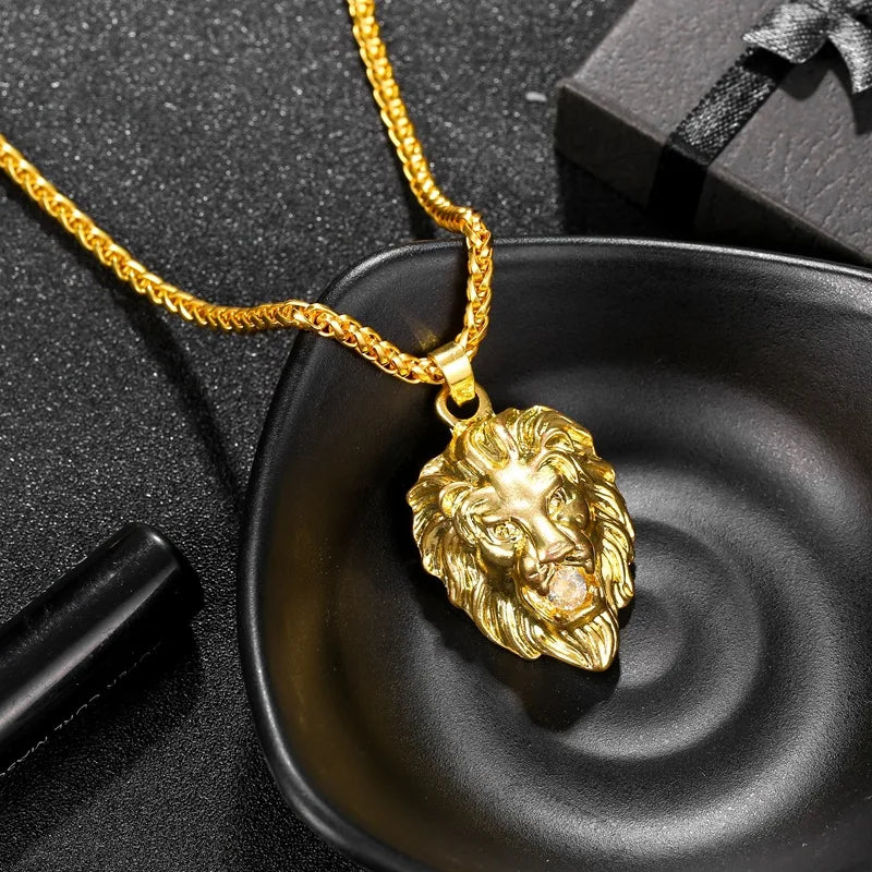 Lion Head with Crystal Stone Pendant Necklace for Men