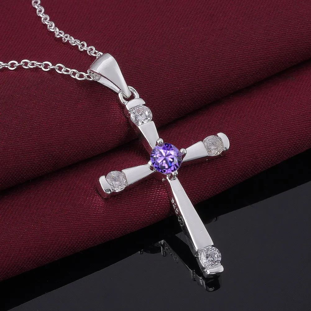 Silver Cross with Purple Center Diamond Stone Pendant Necklace for Women