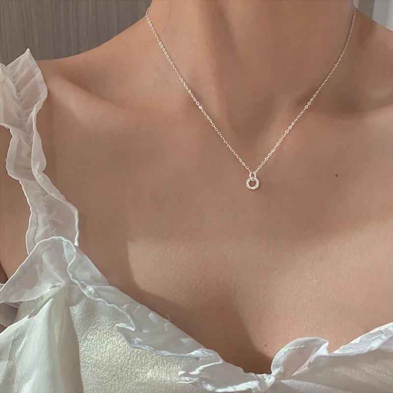 Silver Zircon Double Circle Pendant Necklace for Women