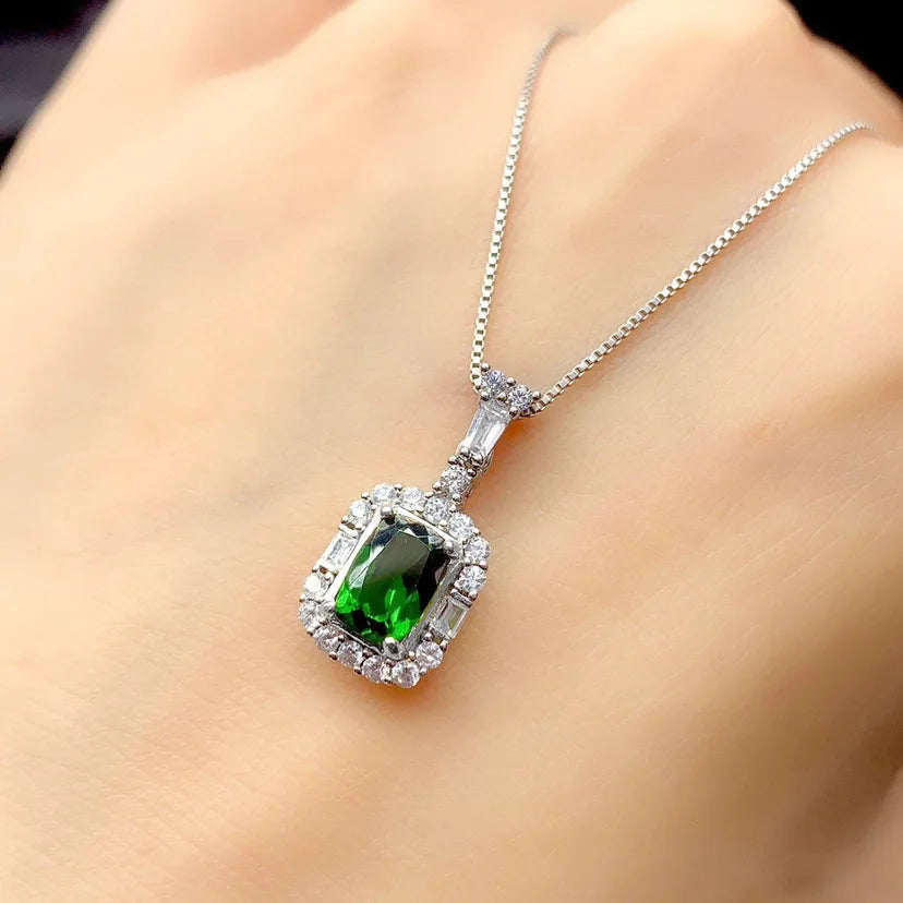 Silver Emerald Diamond Pendant Necklace for Women