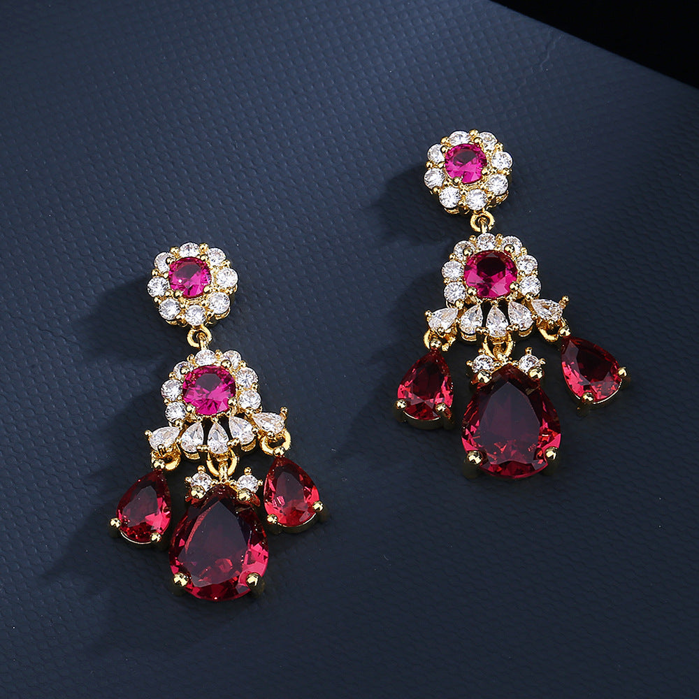 Silver Red and White Zircon Diamond Dangle Earrings for Women