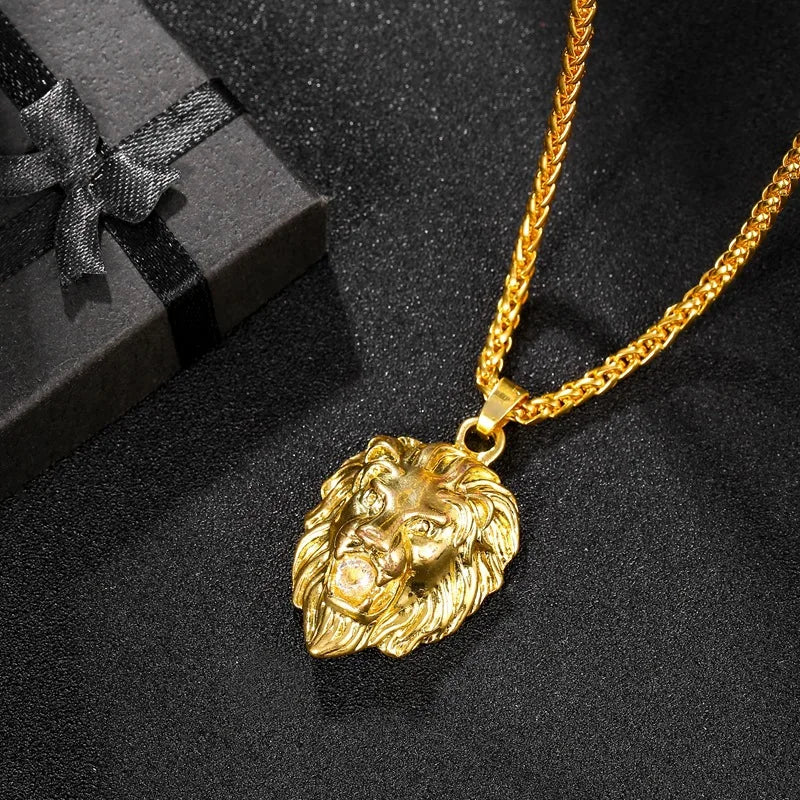 Lion Head with Crystal Stone Pendant Necklace for Men
