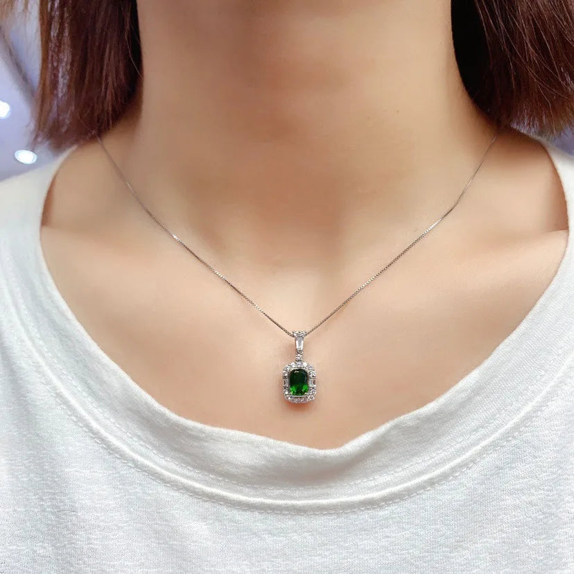 Silver Emerald Diamond Pendant Necklace for Women