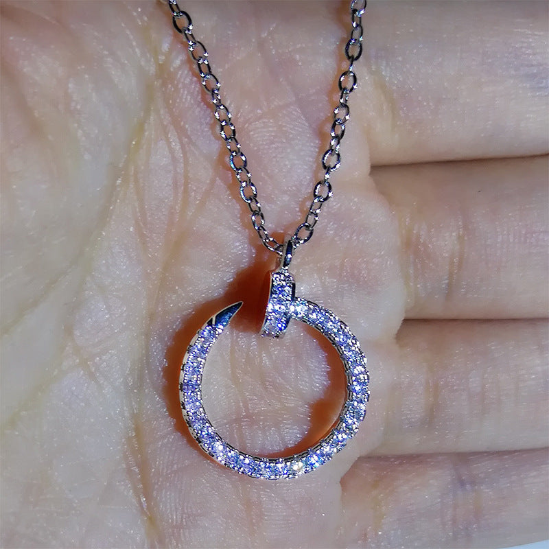 Silver or Rose Gold Inlaid Zircon Diamond Curved Open Circle Pendant Necklace for Women