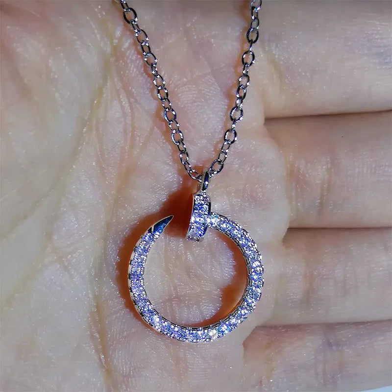 Silver or Rose Gold Inlaid Zircon Diamond Curved Open Circle Pendant Necklace for Women