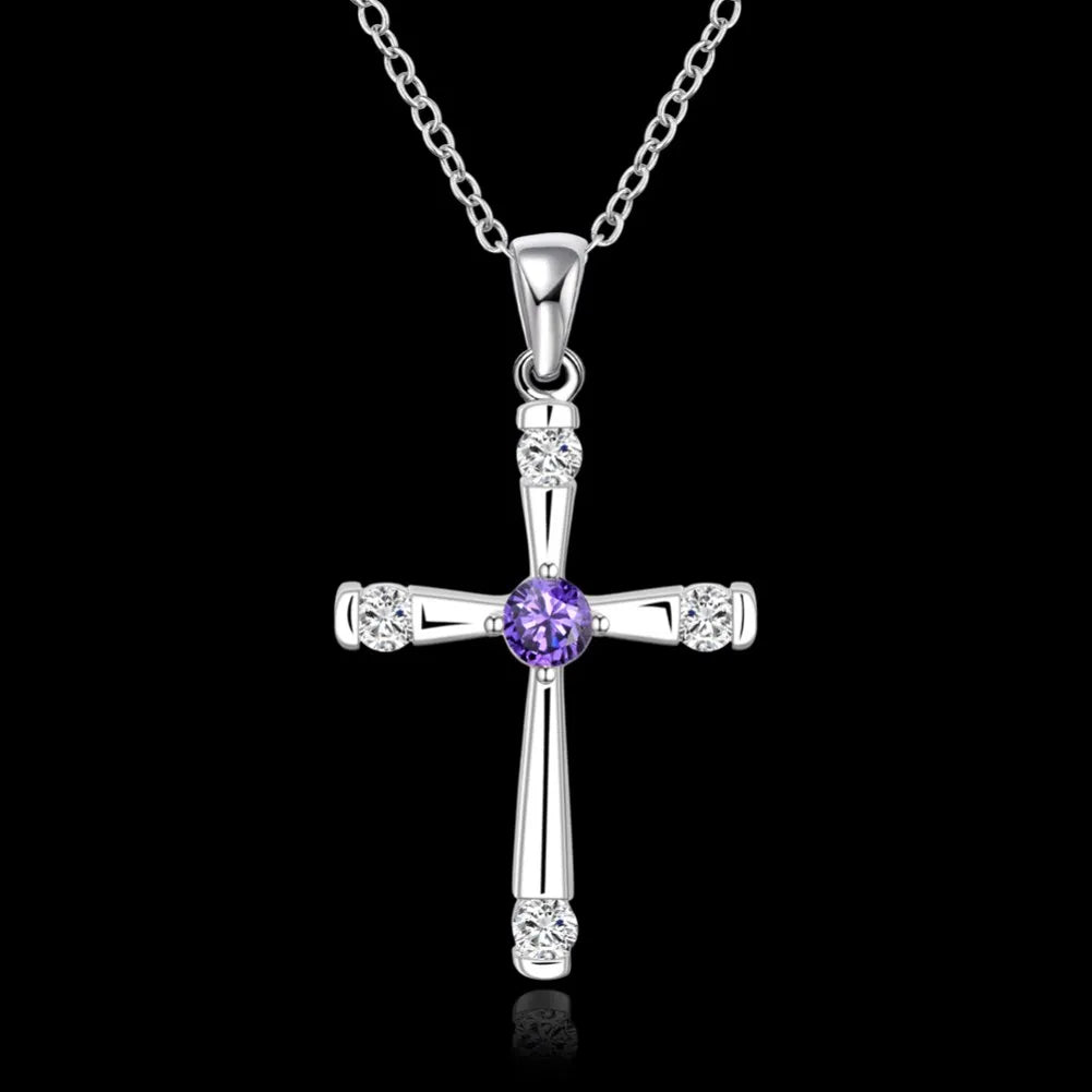 Silver Cross with Purple Center Diamond Stone Pendant Necklace for Women