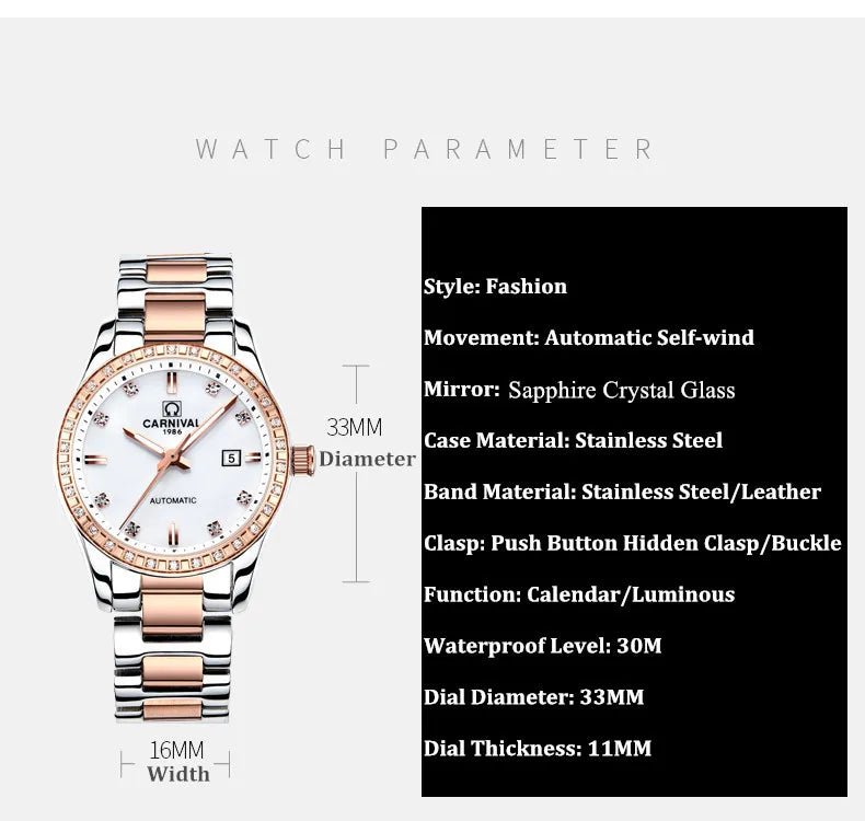 Luxury Automatic Movement Waterproof Wristwatches for Women