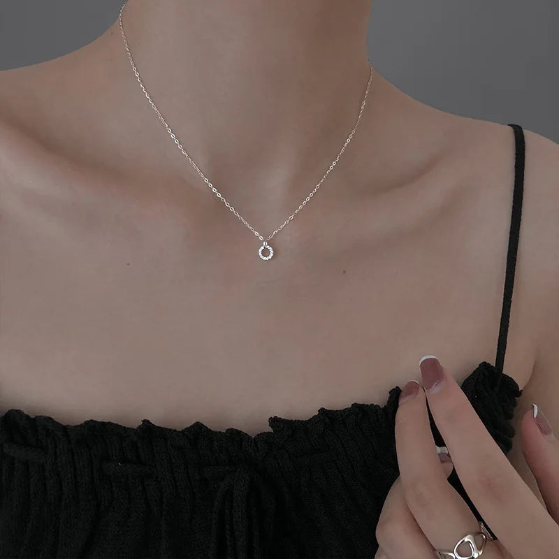 Silver Zircon Double Circle Pendant Necklace for Women