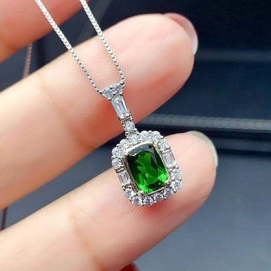 Silver Emerald Diamond Pendant Necklace for Women