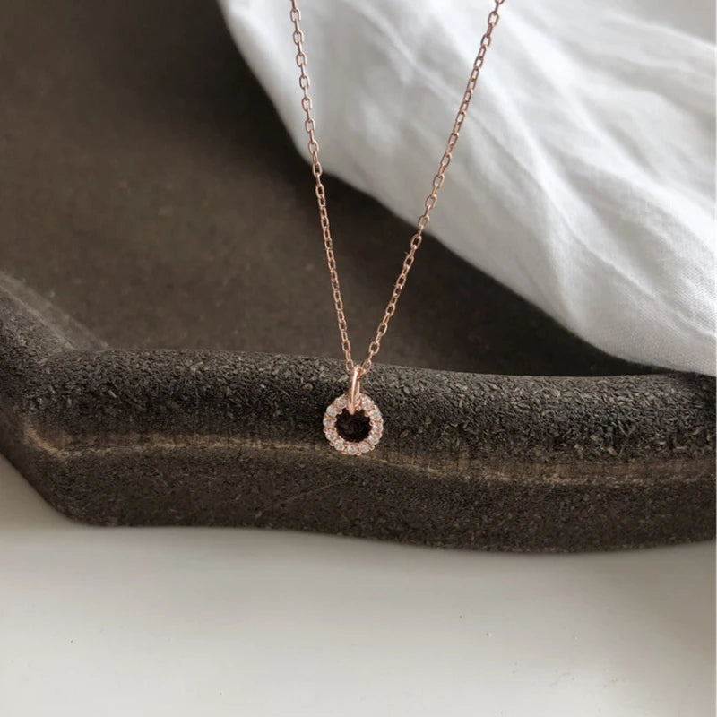 Silver Zircon Double Circle Pendant Necklace for Women