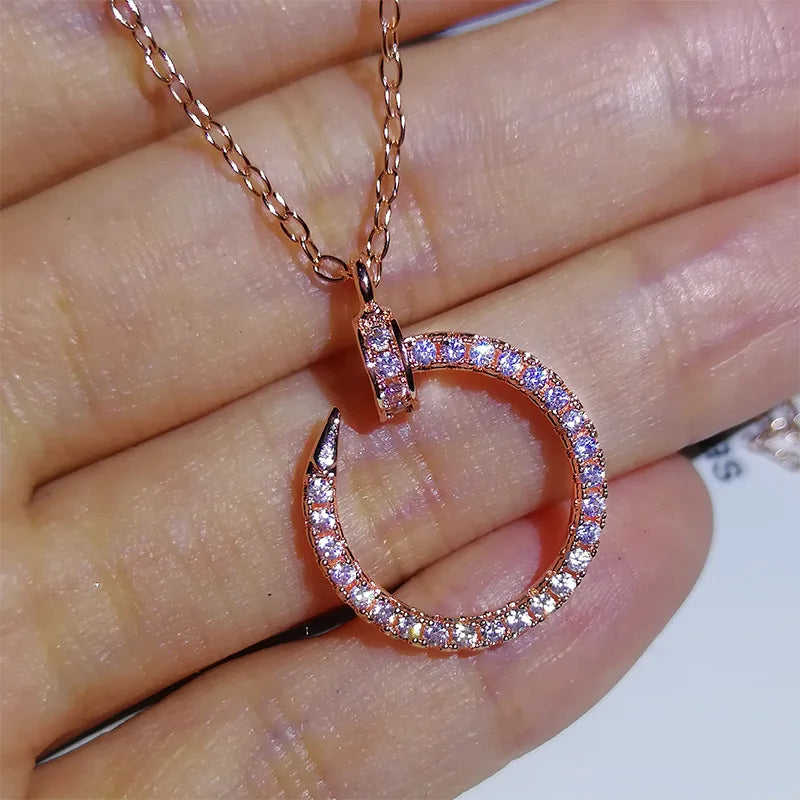 Silver or Rose Gold Inlaid Zircon Diamond Curved Open Circle Pendant Necklace for Women