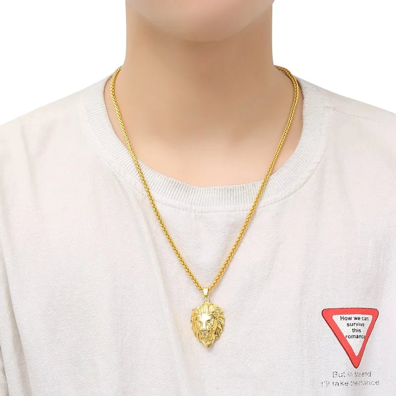 Lion Head with Crystal Stone Pendant Necklace for Men