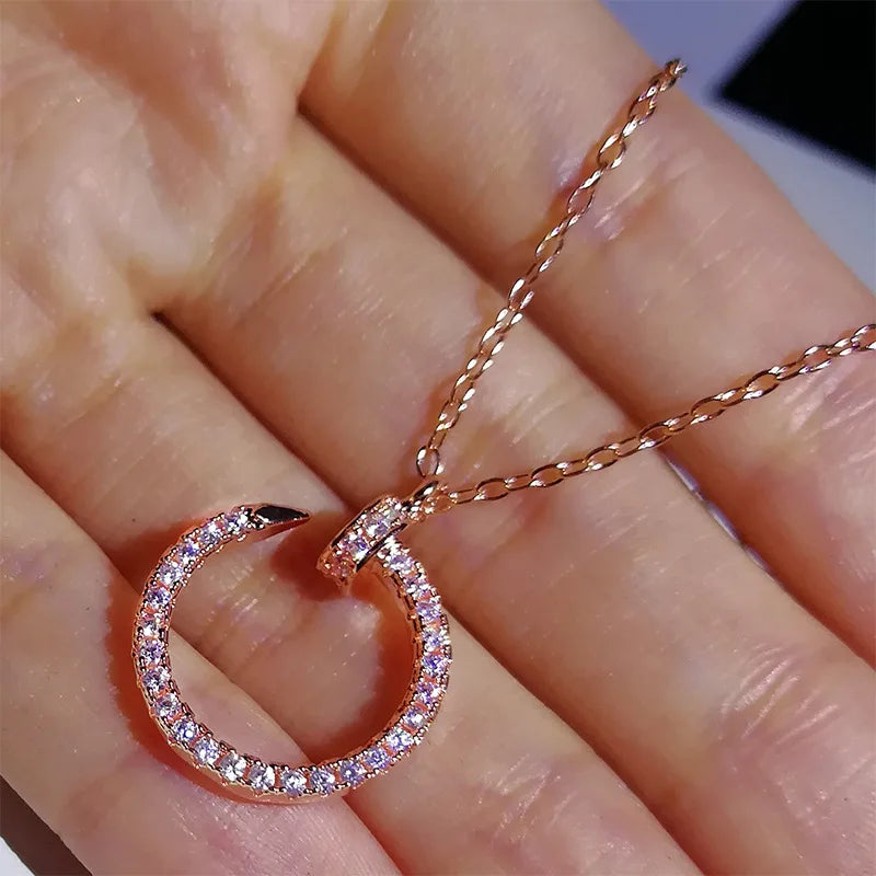 Silver or Rose Gold Inlaid Zircon Diamond Curved Open Circle Pendant Necklace for Women