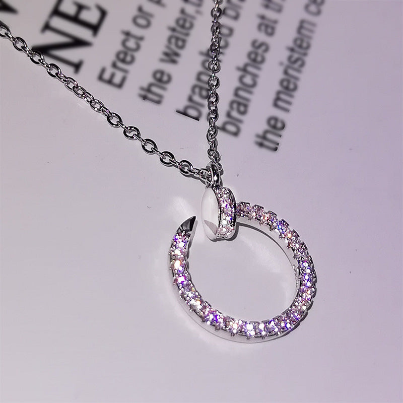 Silver or Rose Gold Inlaid Zircon Diamond Curved Open Circle Pendant Necklace for Women