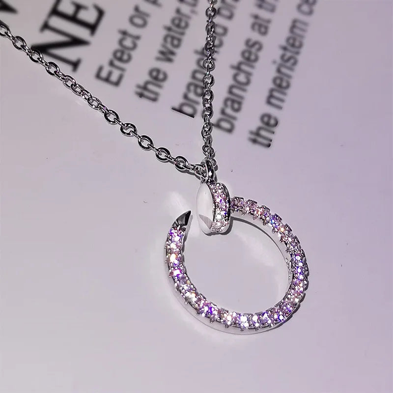 Silver or Rose Gold Inlaid Zircon Diamond Curved Open Circle Pendant Necklace for Women