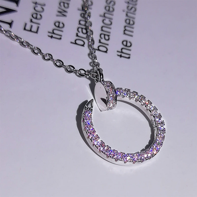 Silver or Rose Gold Inlaid Zircon Diamond Curved Open Circle Pendant Necklace for Women