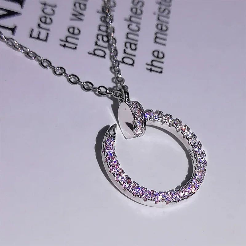 Silver or Rose Gold Inlaid Zircon Diamond Curved Open Circle Pendant Necklace for Women