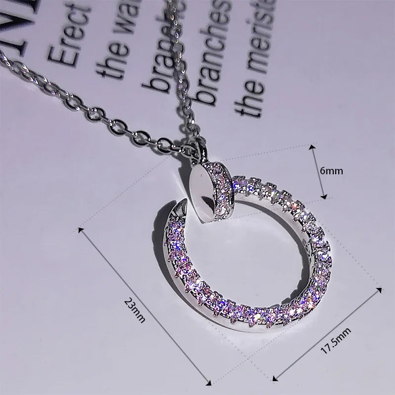 Silver or Rose Gold Inlaid Zircon Diamond Curved Open Circle Pendant Necklace for Women
