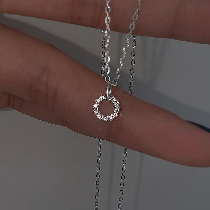 Silver Zircon Double Circle Pendant Necklace for Women