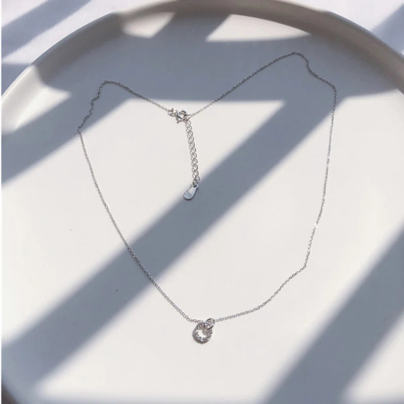 Silver Zircon Double Circle Pendant Necklace for Women
