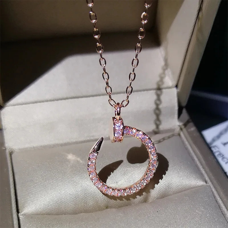 Silver or Rose Gold Inlaid Zircon Diamond Curved Open Circle Pendant Necklace for Women