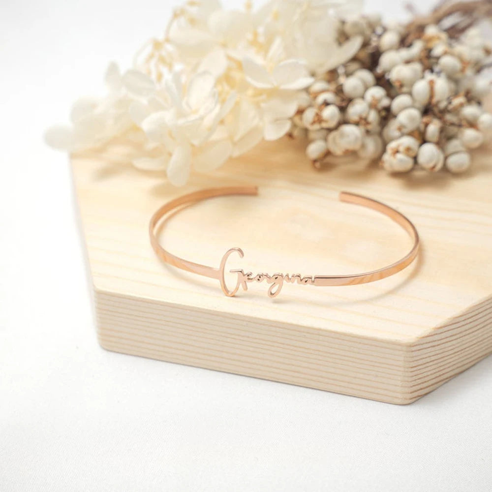 Custom Name Bracelet for Women Open Bangle with Heart