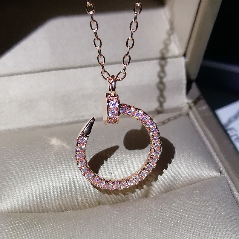 Silver or Rose Gold Inlaid Zircon Diamond Curved Open Circle Pendant Necklace for Women