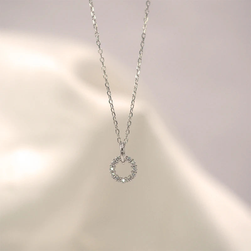 Silver Zircon Double Circle Pendant Necklace for Women