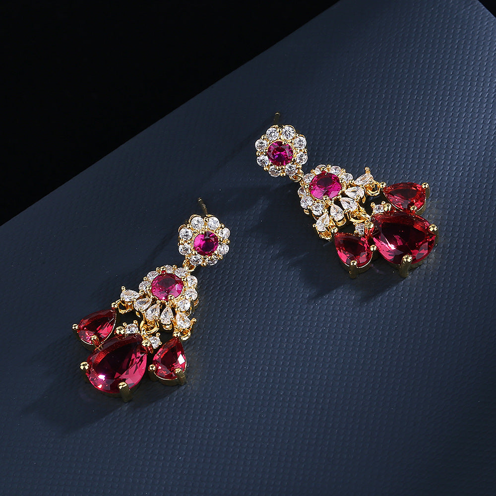 Silver Red and White Zircon Diamond Dangle Earrings for Women