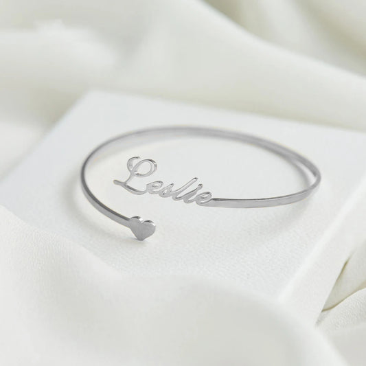 Custom Name Bracelet for Women Open Bangle with Heart